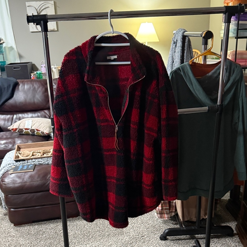 Maurices Red and Black Checkered Fleece Hoodie